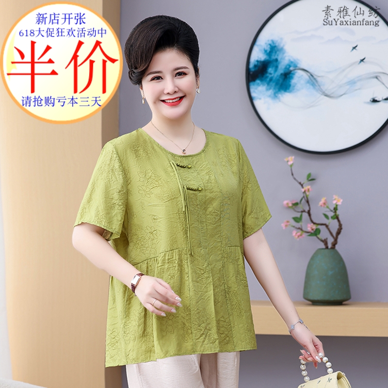 2025新款胖mm妈妈夏装纯棉麻短袖T恤中老年加肥上衣特大码女套装