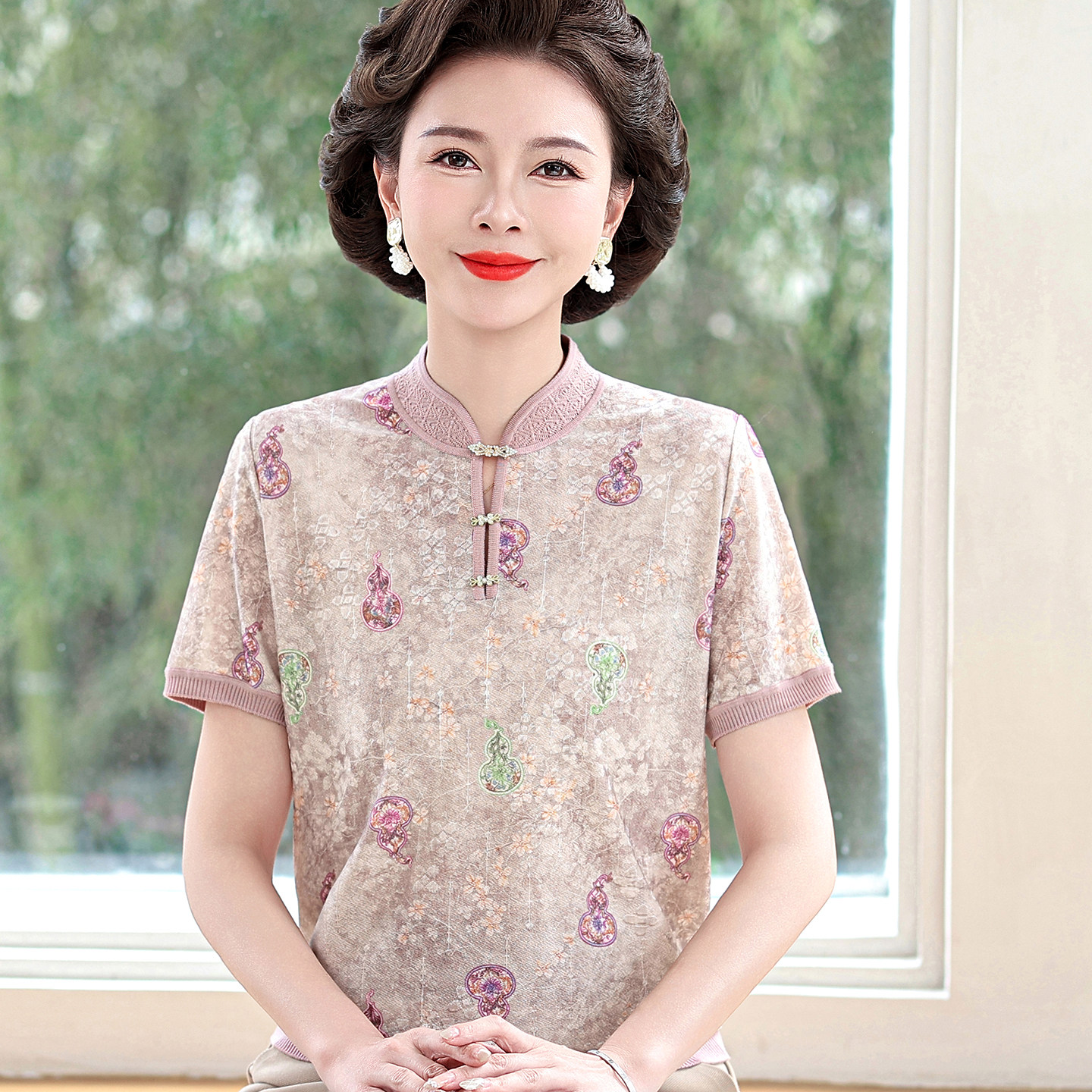 国风妈妈夏季旗袍领冰丝短袖T恤女中老年女洋气薄款蚕丝上衣大码