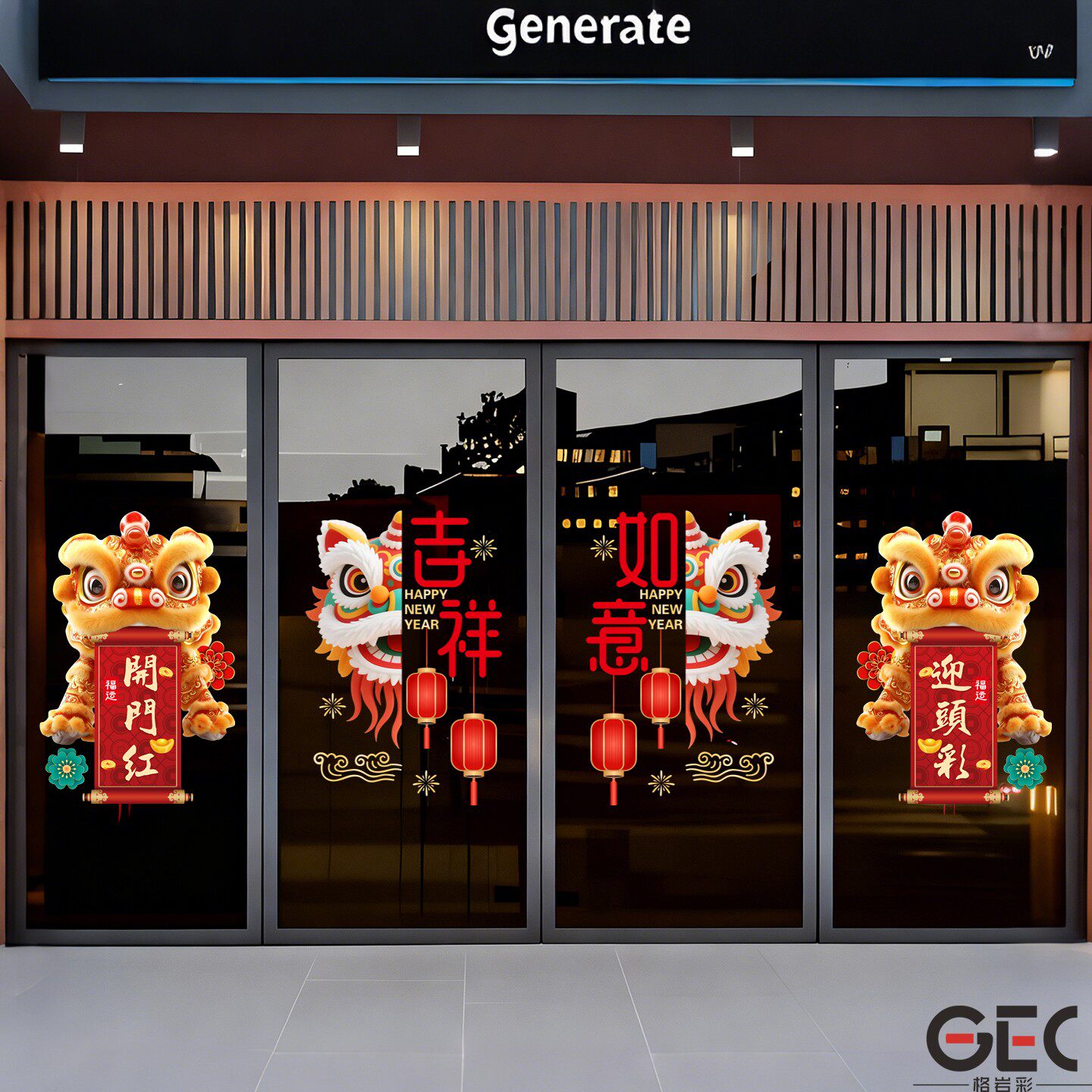 醒狮开门红马年新年中式静电贴画