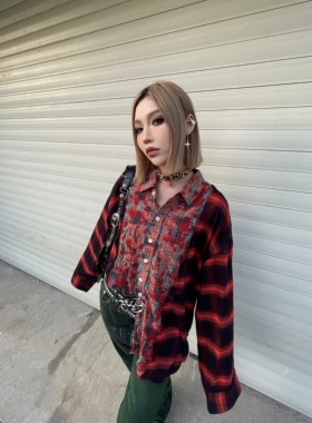 Human Voices朋克骷髅水洗扎染破坏拼接衬衫格纹长袖廓形宽松潮流