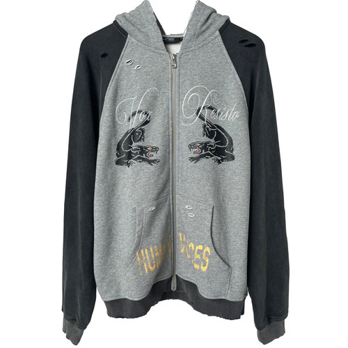 Human Voices黑豹印花字母刺绣水洗破坏拼接连帽拉链卫衣宽松外套