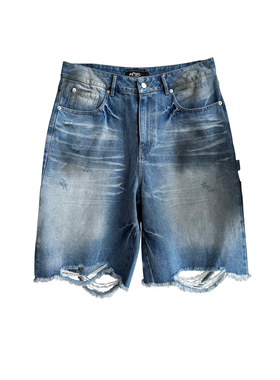 Human Voices水洗破坏脏喷金属装饰伐木牛仔短裤宽松直筒六分裤