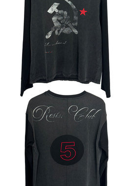 Human Voices抵抗之声水洗做旧贴布刺绣印花黑灰拼接长袖圆领T恤