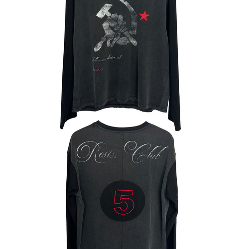 Human Voices抵抗之声水洗做旧贴布刺绣印花黑灰拼接长袖圆领T恤