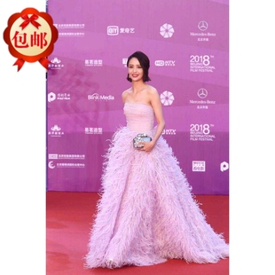 羽毛舞台服 粉色长款 明星佟丽娅同款 晚礼服长裙北京电影节红毯晚装