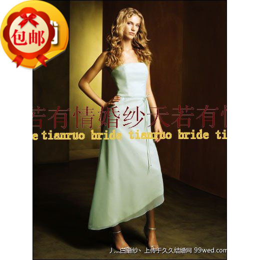 抹胸中长裙嫩绿色宴会欧美伴娘团