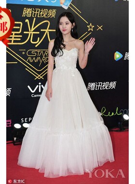 明星鞠婧祎同款婚纱白色抹胸齐地长款电影节红地毯蕾丝宴会聚会服