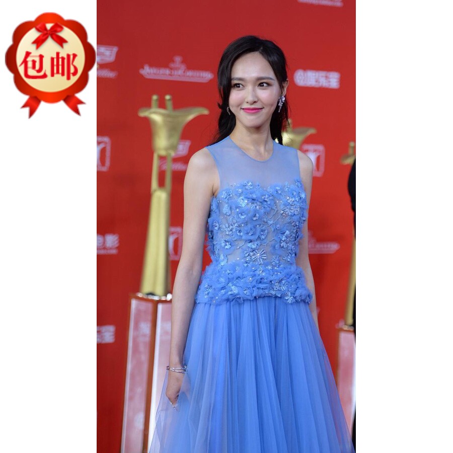 明星唐嫣同款晚礼服一字肩蓝色网纱蕾丝长裙电影节红地毯甜美拖尾