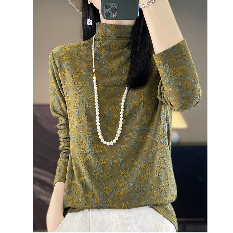 秋冬针织半高领刺绣精仿羊毛套头设计款上衣女内搭洋气长袖打底衫