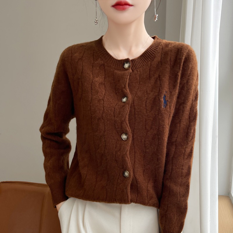 秋冬加厚新款针织羊绒开衫女重工扭花半高休闲宽松羊毛外套女长袖