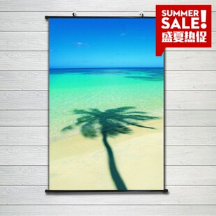 沙滩椰子树海报海边自然唯美风景画蓝天白云山水挂画客厅背景壁画