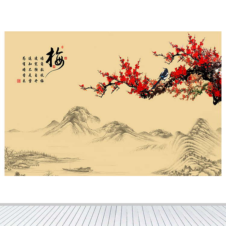 中式中国风江南小船墙贴画壁画自粘画水墨梅花国画客厅沙发装饰画