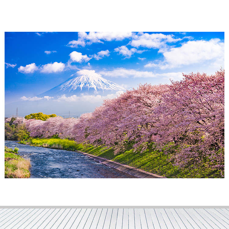 富士山春天樱花树风景客厅装饰画蓝天卧室餐厅墙贴画壁画自粘定制图片