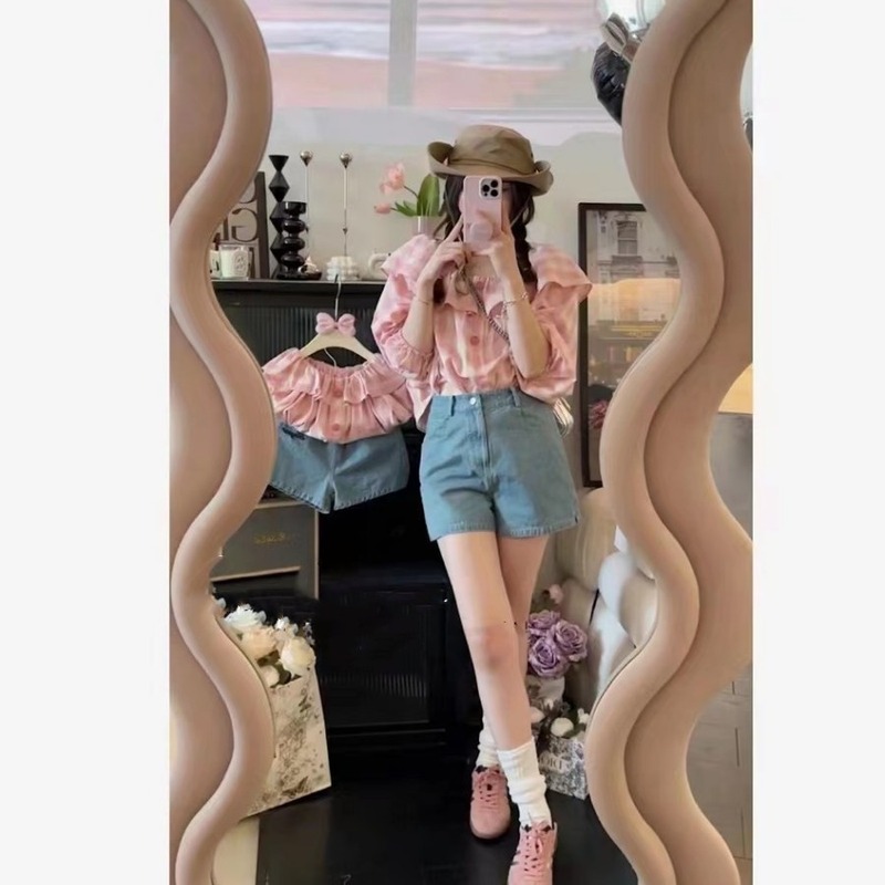 女童短袖套装3新款韩版粉格子衬衫短裤母女亲子装两件套洋气潮