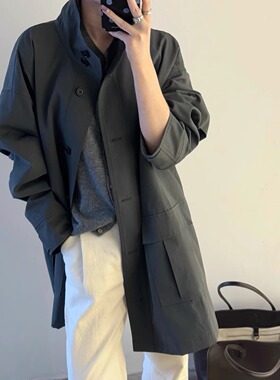 特调高ji灰色！韩国宽松廓形立领弯刀袖秋季中长款风衣 | 圣欧尼