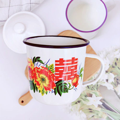 搪瓷杯复古大茶缸子怀旧老式铁水杯洋瓷双喜老干部茶杯创意搪瓷缸