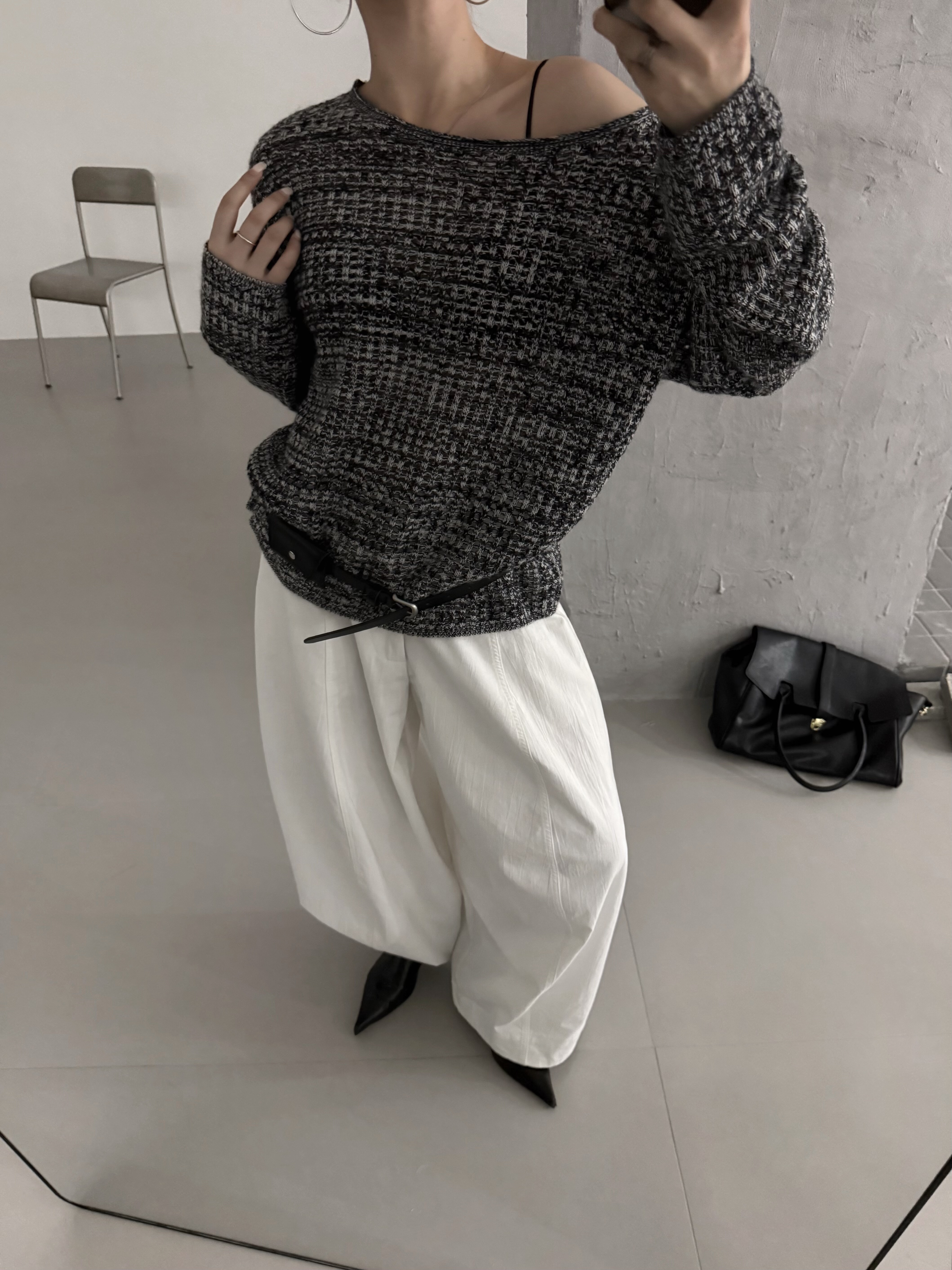 Verso原创设计秋新款韩版宽松显瘦百搭圆领浣熊羊毛针织女带腰包