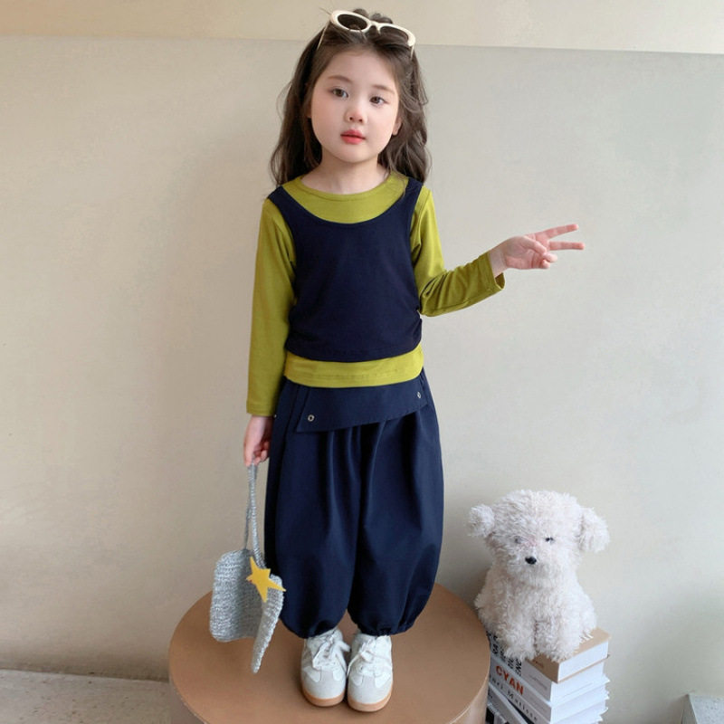 女童春秋款假两件套装2026新款女宝宝休闲背心灯笼裤两件套