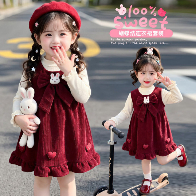 女童背带裙套装秋冬季2026新款时髦儿童蝴蝶结连衣裙两件套超好看