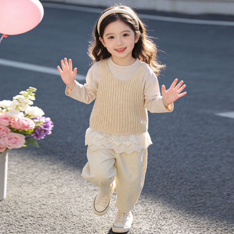 女小童针织马甲套装春秋款女宝宝洋气背心春装休闲三件套潮