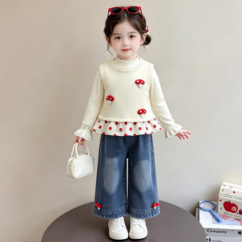 儿童春秋季童装洋气时髦新款2026女童韩系针织毛衣三件套早秋套装