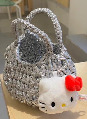 2025新款韩版小众可爱时髦洋气银色手工编织小南瓜手提包包小拎包