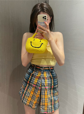 韩国东大门小众设计款原单甜美可爱黄色笑脸手工编织手提水桶包包