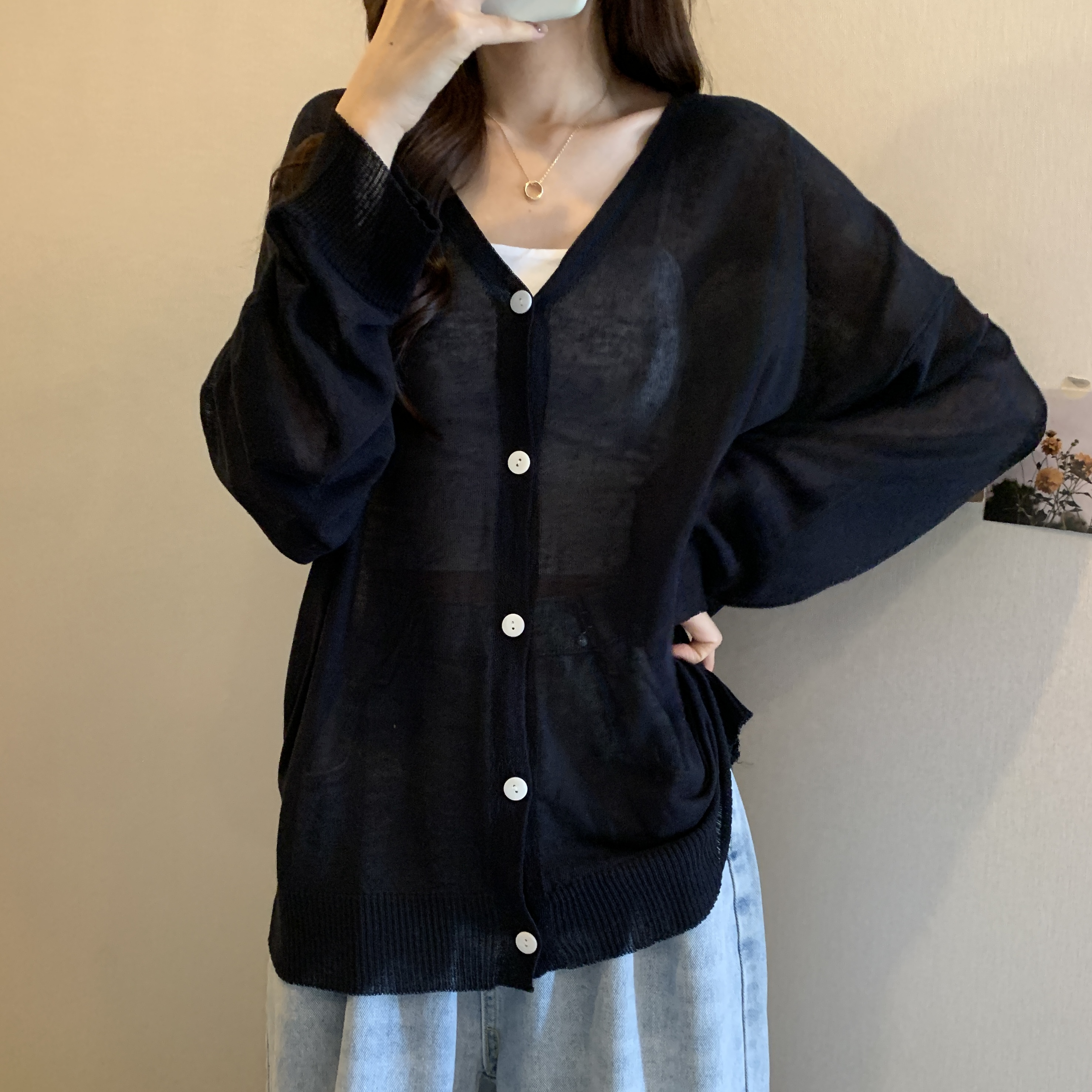 大码冰丝亚麻针织开衫V领显瘦外搭女胖M中长款遮屁股防晒衣