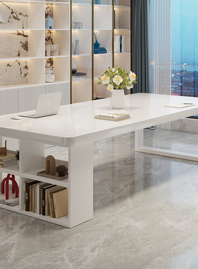 书柜一体实木书桌客厅大长桌白色钢琴烤漆办公桌家用学习桌工作台