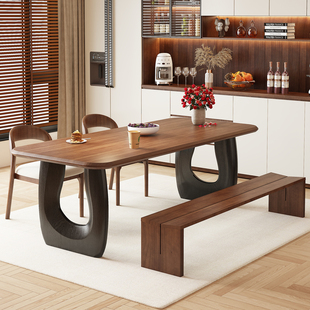 撞色长凳餐桌椅子家庭用小户型中古风实木餐桌客厅吃饭卓书房书桌