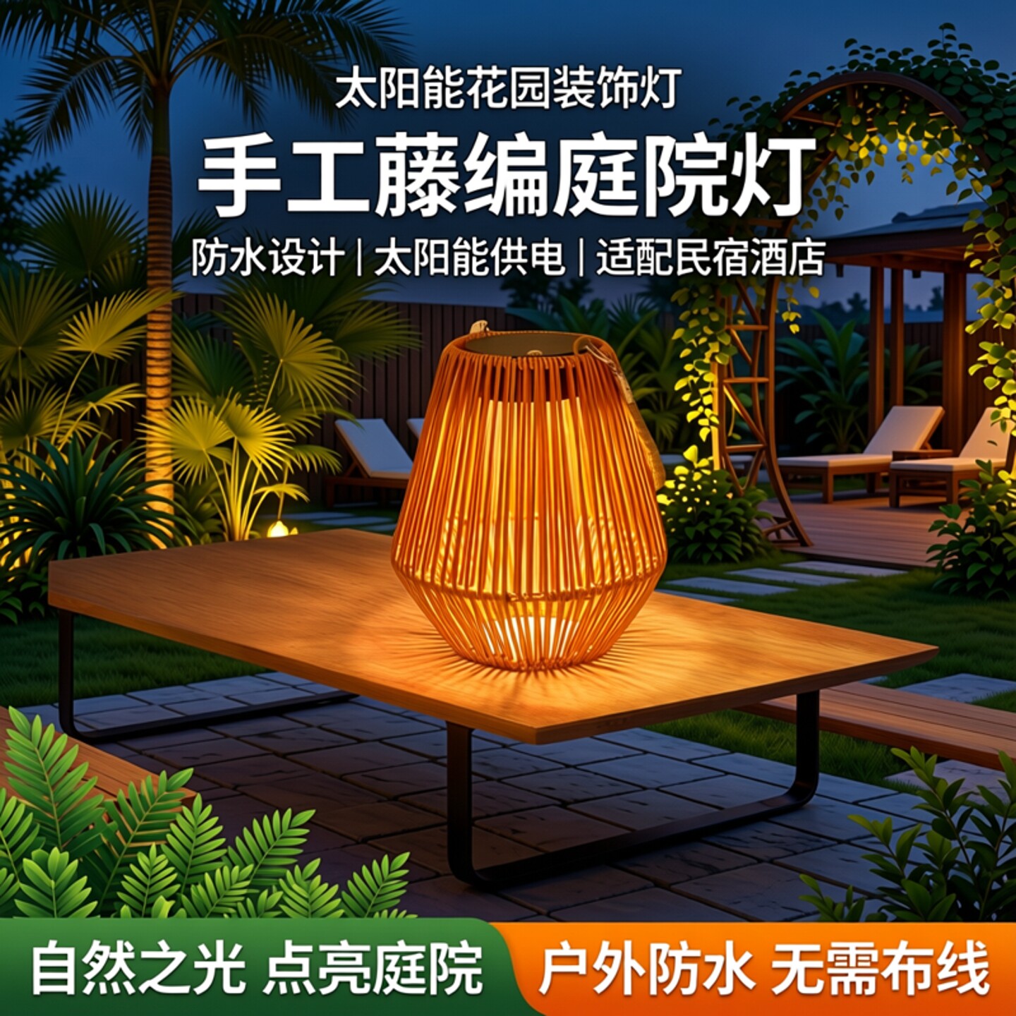 太阳能花园装饰灯景观庭院户外防水庭院灯手工藤编灯笼民宿酒店灯
