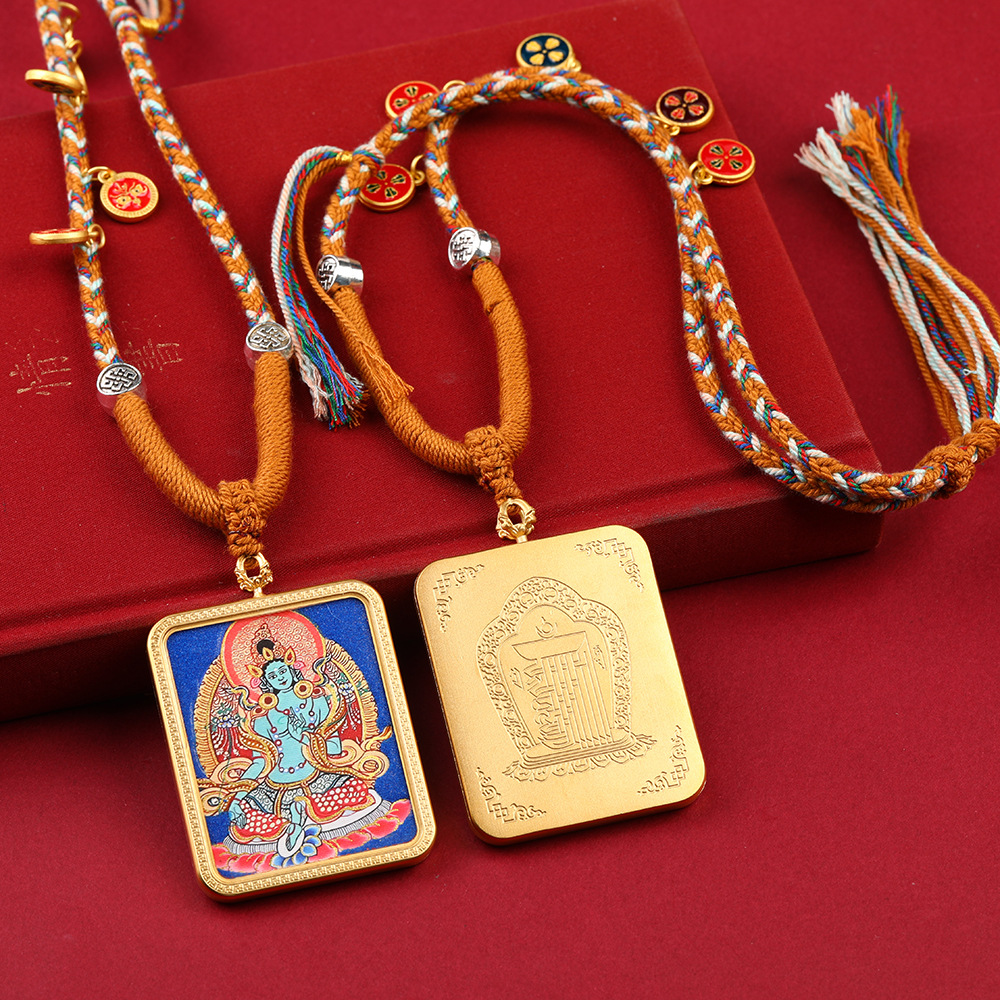 藏式唐卡半手绘粗矿描金绿度母黄财神金色钛钢壳唐卡项链