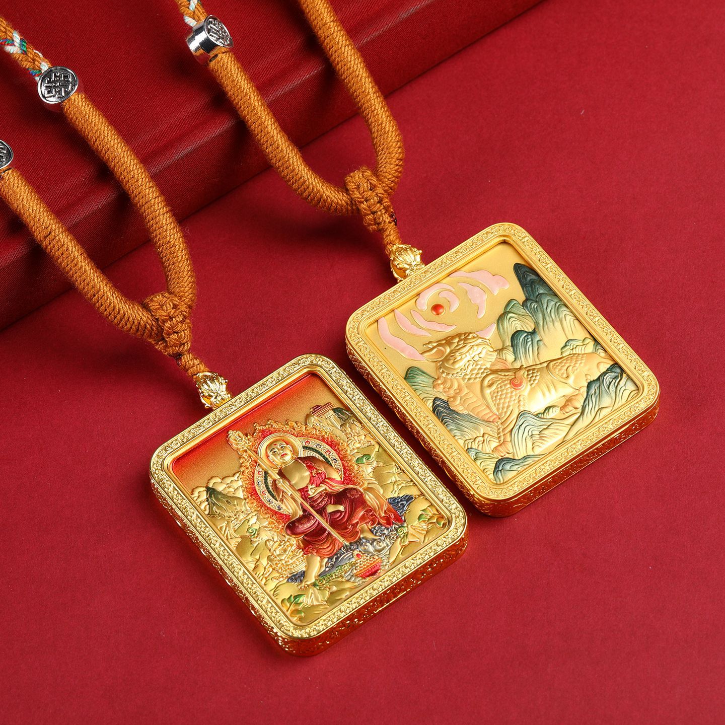 藏式唐卡合金双面地藏王浮雕片五路财神项链绳唐卡项链