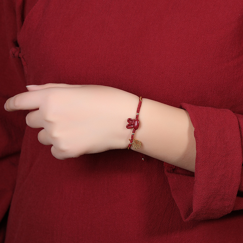 朱砂兔子手链女福牌手串