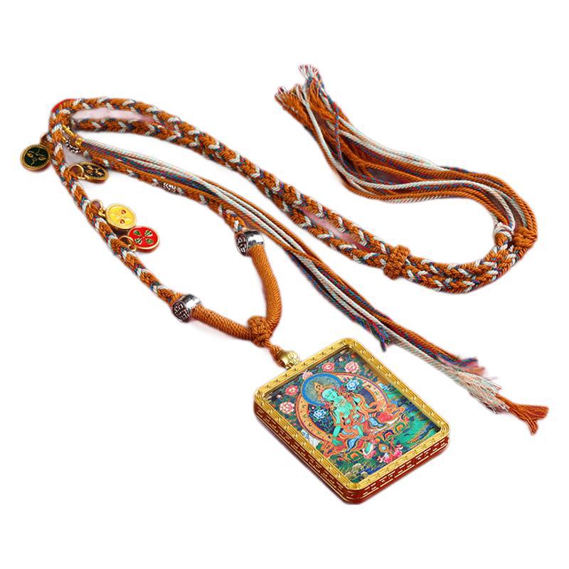 手绘描金绿度母唐卡项链