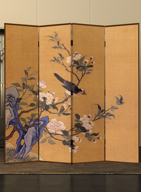 新中式中古屏风隔断客厅玄关实木移动茶室背景墙定制折屏花鸟古画