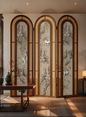 复古中式实木折叠藤编屏风隔断客厅沙发背景墙可移动茶室仙鹤折屏