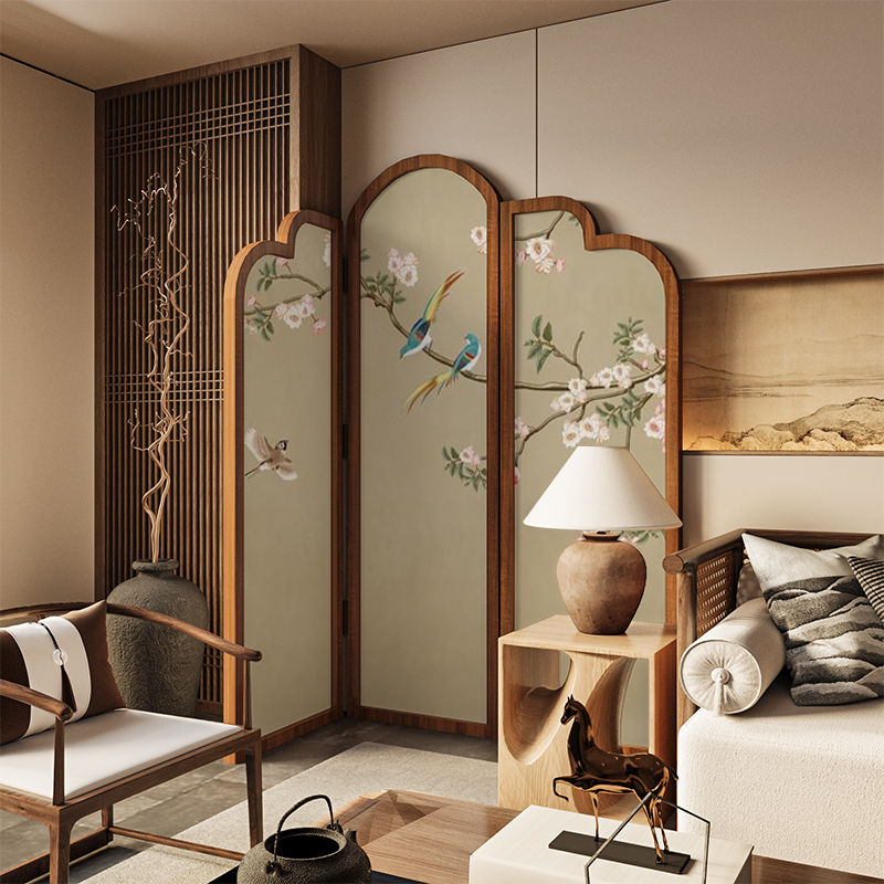 宋式美学新中式实木可移动屏风隔断客厅沙发靠墙玄关餐厅遮挡花鸟
