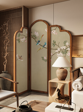 宋式美学新中式实木可移动屏风隔断客厅沙发靠墙玄关餐厅遮挡花鸟