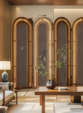 复古中式实木折叠藤编屏风隔断客厅沙发背景墙可移动茶室古画折屏