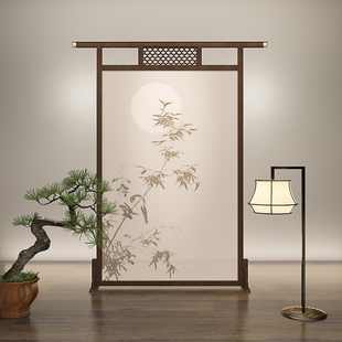 新中式 明月竹子屏风隔断客厅入户玄关茶室榫卯遮挡背景墙实木座屏