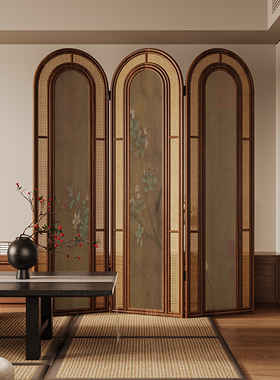 复古中式实木折叠藤编屏风隔断客厅沙发背景墙可移动茶室花卉折屏