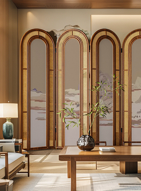 复古中式实木折叠藤编屏风隔断客厅沙发背景墙可移动茶室祥云折屏