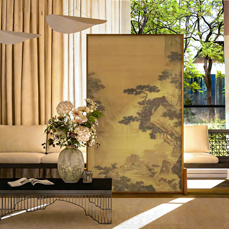 宋氏美学新中式实木落地屏风隔断客厅玄关卧室茶室可移动座屏古画