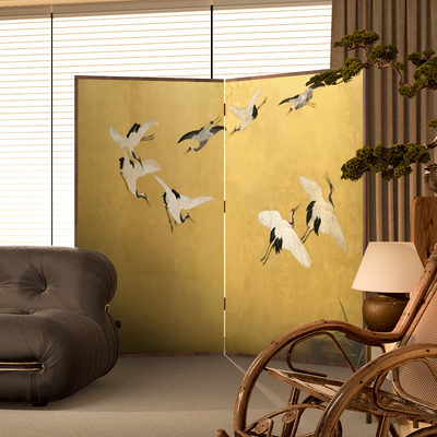 新中式屏风隔断入户玄关定制办公室折叠可移动日式仿金箔折屏仙鹤