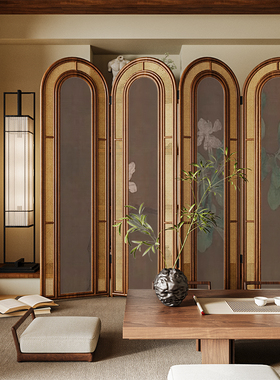 复古中式实木折叠藤编屏风隔断客厅沙发背景墙可移动茶室古画折屏
