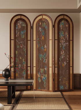 复古中式实木折叠藤编屏风隔断客厅沙发背景墙可移动茶室花卉折屏
