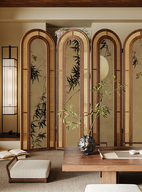 复古中式实木藤编屏风隔断客厅沙发背景墙可移动茶室竹子月亮折屏