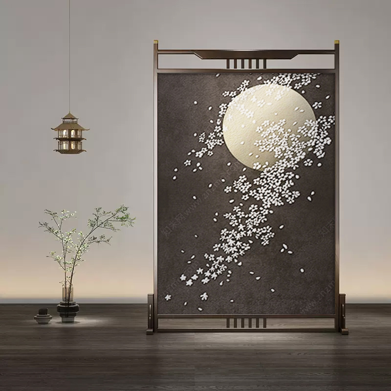 新中式月下桃花屏风隔断客厅入户玄关茶室榫卯遮挡背景墙实木座屏