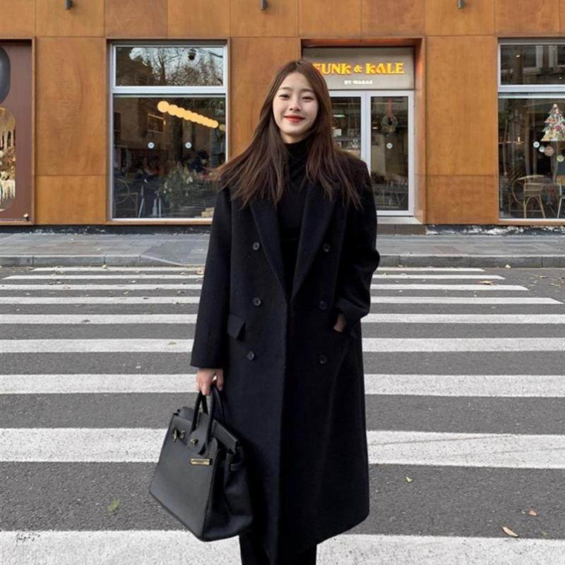 黑色毛呢外套女小个子韩系新款秋冬高级感中长款加厚西装呢子大衣